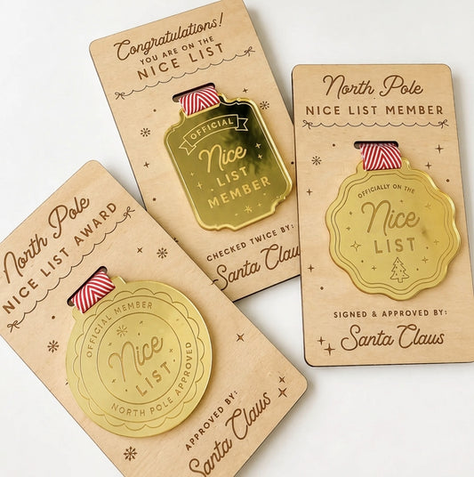 Official North Pole Nice List Award Medal Ornament – Gold Acrylic Mirror Christmas Keepsake