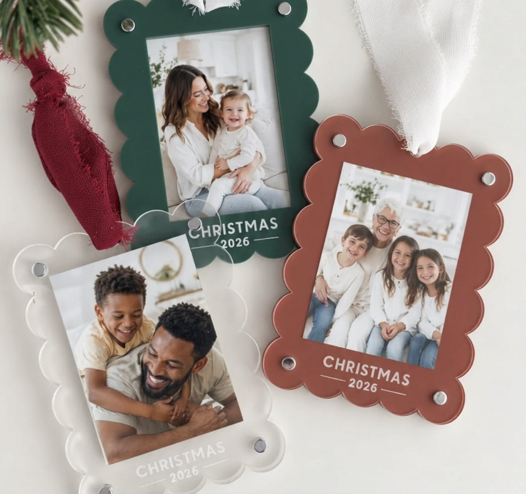 Custom Scalloped Acrylic Picture Frame Christmas Ornaments | Set with Silver Hardware