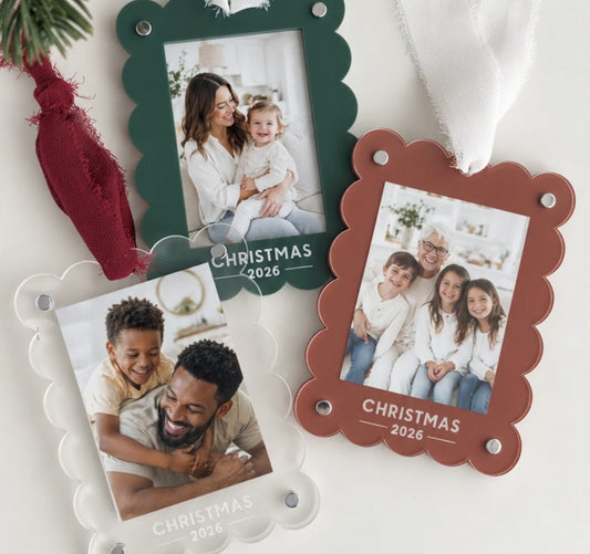 Custom Scalloped Acrylic Picture Frame Christmas Ornaments | Set with Silver Hardware
