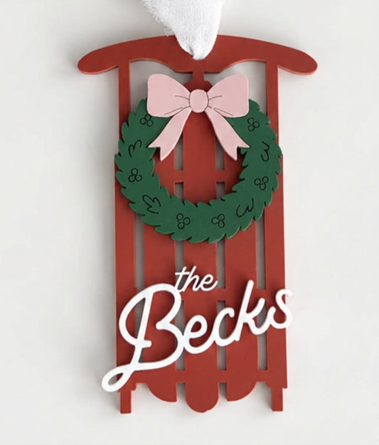 Family Name Sleigh Christmas Ornament | Wood & Acrylic Holiday Decor